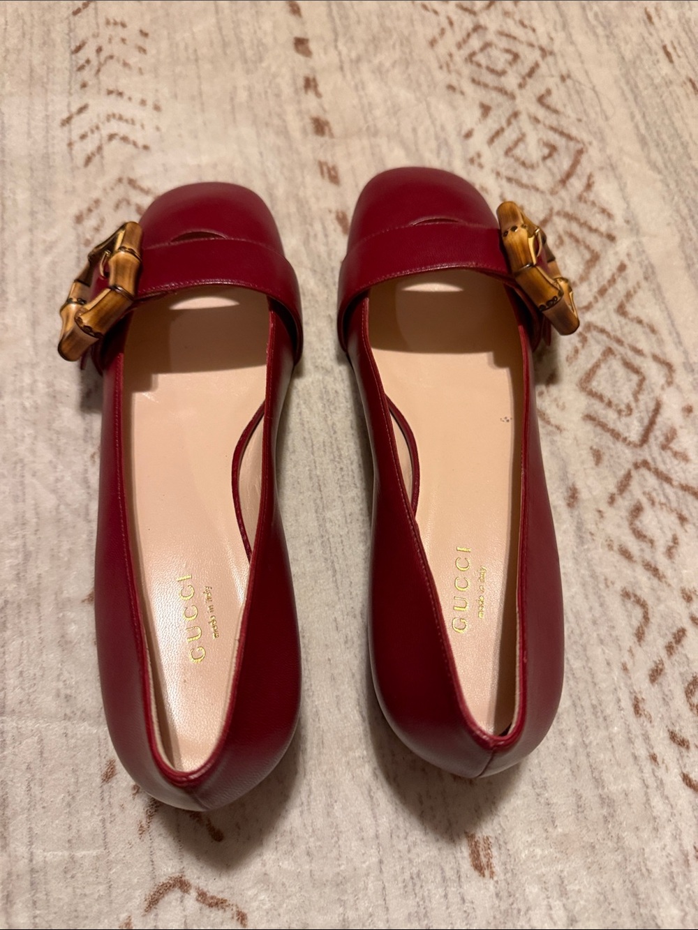 Gucci Burgundy Leather Ballet Flats with Bamboo Detail